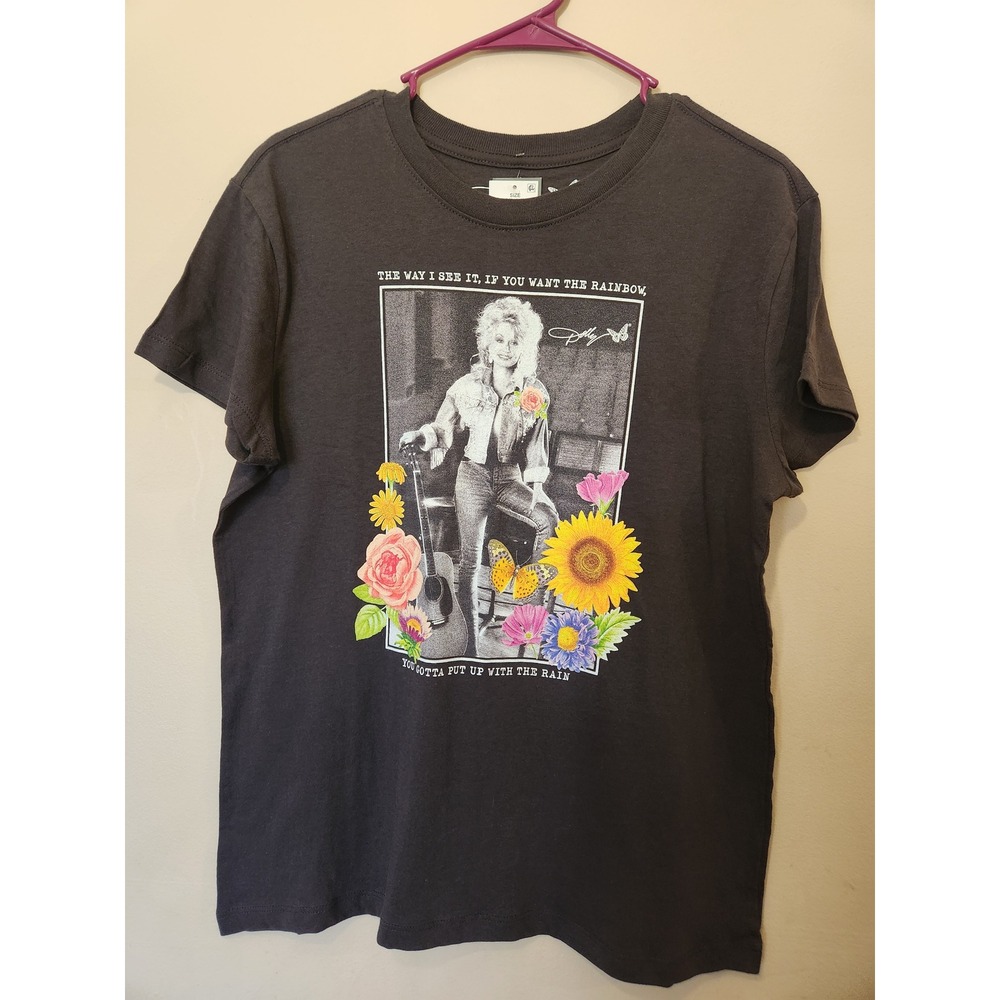 Dolly Parton Rainbow Quote Graphic T-Shirt Charcoal Black Mad Engine Womens Med